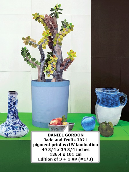 click to enlarge- double click to reduce DANIEL GORDON
Jade and Fruits 2021
pigment print w/UV lamination
49 3/4 x 39 3/4 inches
126.4 x 101 cm
Edition of 3 + 1 AP (#1/3)