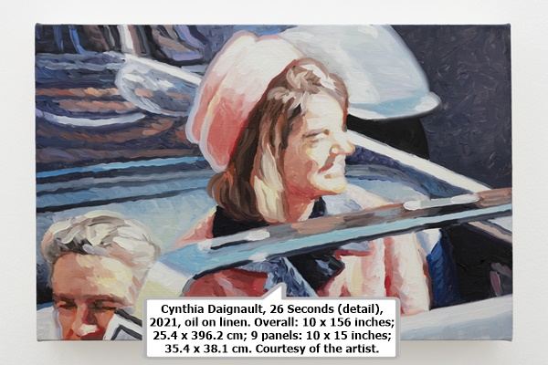 click to enlarge- double click to reduce Cynthia Daignault, 26 Seconds (detail), 2021, oil on linen. Overall: 10 x 156 inches; 25.4 x 396.2 cm; 9 panels: 10 x 15 inches; 35.4 x 38.1 cm. Courtesy of the artist.