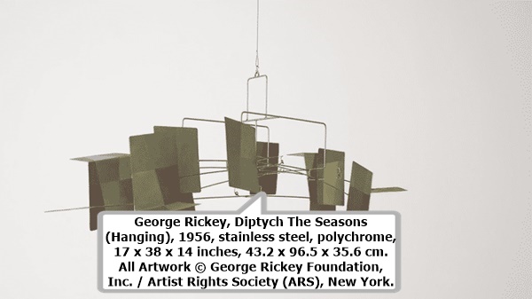 George Rickey, Diptych The Seasons (Hanging), 1956, stainless steel, polychrome, 17 x 38 x 14 inches, 43.2 x 96.5 x 35.6 cm. All Artwork © George Rickey Foundation, Inc. / Artist Rights Society (ARS), New York.
