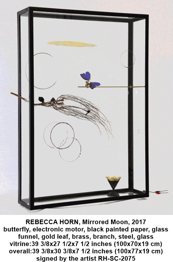 REBECCA HORN

Mirrored Moon, 2017

butterfly, electronic motor, black painted paper, glass funnel, gold leaf, brass, branch, steel, glass

vitrine: 39 3/8 x 27 1/2 x 7 1/2 inches (100 x 70 x 19 cm)

overall: 39 3/8 x 30 3/8 x 7 1/2 inches (100 x 77 x 19 cm)

signed by the artist

RH-SC-2075