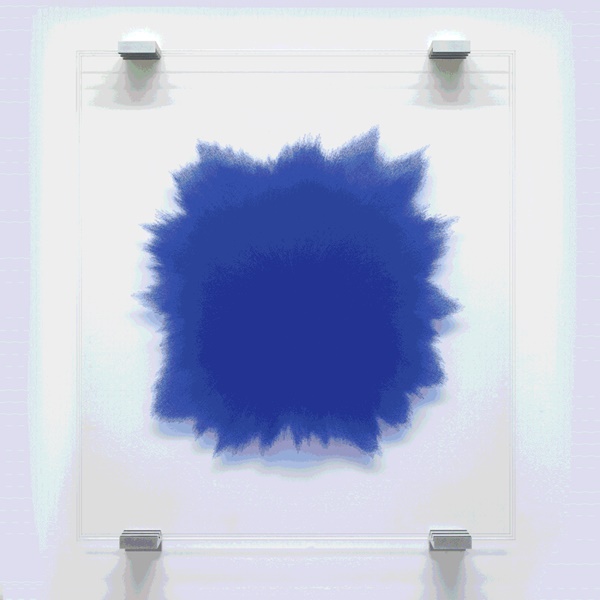 click to enlarge- double click to reduce Idris Khan, I write, erase, rewrite, 2022, 3 glass sheets stamped with ultramarine oil-based ink, aluminum and rubber