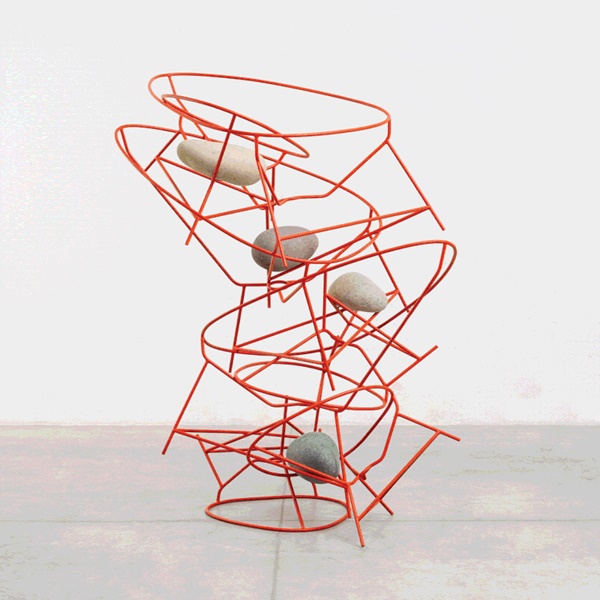 click to enlarge- double click to reduce Jose Dávila, Acapulco chair stack, 2021, metal, epoxy paint and boulders, 70 11/16 x 51 3/16 x 52 inches