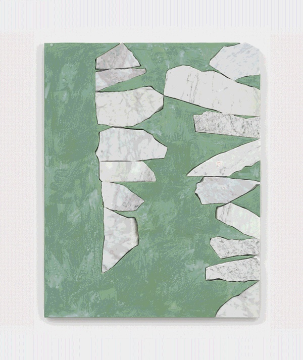 click to enlarge- double click to reduce Sam Moyer, Biscayne Bay, 2022, marble, acrylic on plaster-coated canvas mounted to MDF, 40 3/4 x 32 1/4 x 1 inches