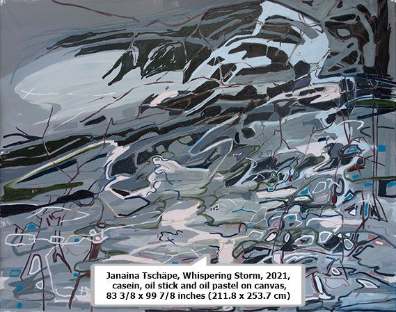 click to enlarge- double click to reduce Janaina Tschäpe, Whispering Storm, 2021, casein, oil stick and oil pastel on canvas, 83 3/8 x 99 7/8 inches (211.8 x 253.7 cm)