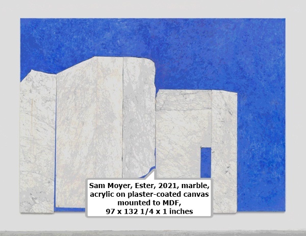 click to enlarge- double click to reduce Sam Moyer, Ester, 2021, marble, acrylic on plaster-coated canvas mounted to MDF, 97 x 132 1/4 x 1 inches