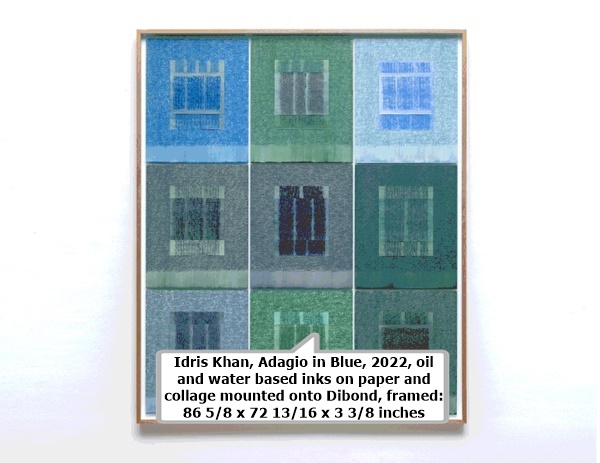 click to enlarge- double click to reduce Idris Khan, Adagio in Blue, 2022, oil and water based inks on paper and collage mounted onto Dibond, framed: 86 5/8 x 72 13/16 x 3 3/8 inches