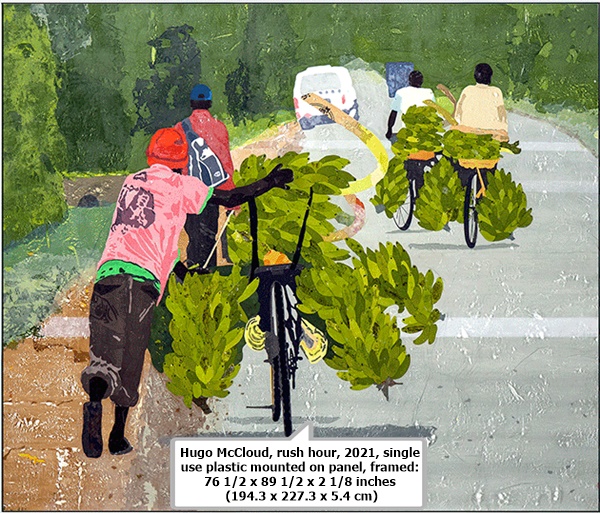 click to enlarge- double click to reduce Hugo McCloud, rush hour, 2021, single use plastic mounted on panel, framed: 76 1/2 x 89 1/2 x 2 1/8 inches (194.3 x 227.3 x 5.4 cm)