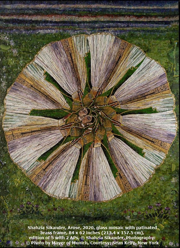 Shahzia Sikander, Arose, 2020, glass mosaic with patinated brass frame, 84 x 62 inches (213.4 x 157.5 cm), edition of 5 with 2 APs, © Shahzia Sikander, Photography: © Photo by Mayer of Munich, Courtesy: Sean Kelly, New York
