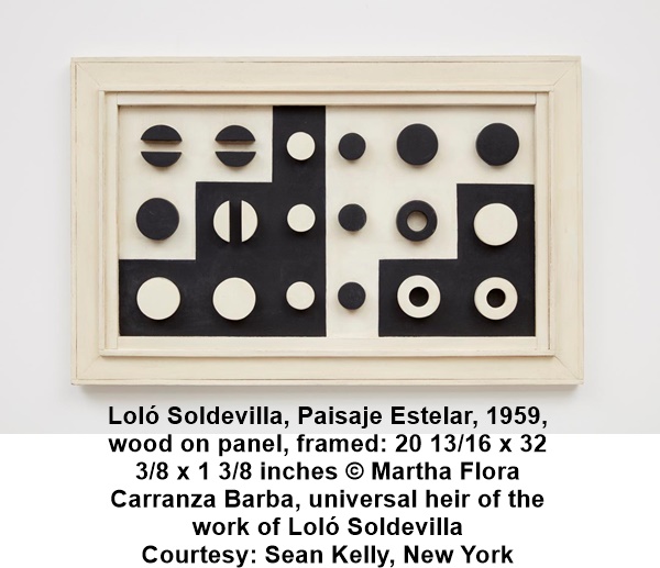 Loló Soldevilla, Paisaje Estelar, 1959, wood on panel, framed: 20 13/16 x 32 3/8 x 1 3/8 inches © Martha Flora Carranza Barba, universal heir of the work of Loló Soldevilla Courtesy: Sean Kelly, New York
