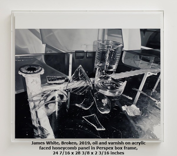 James White, Broken, 2019, oil and varnish on acrylic faced honeycomb panel in Perspex box frame, 24 7/16 x 28 3/8 x 2 3/16 inches