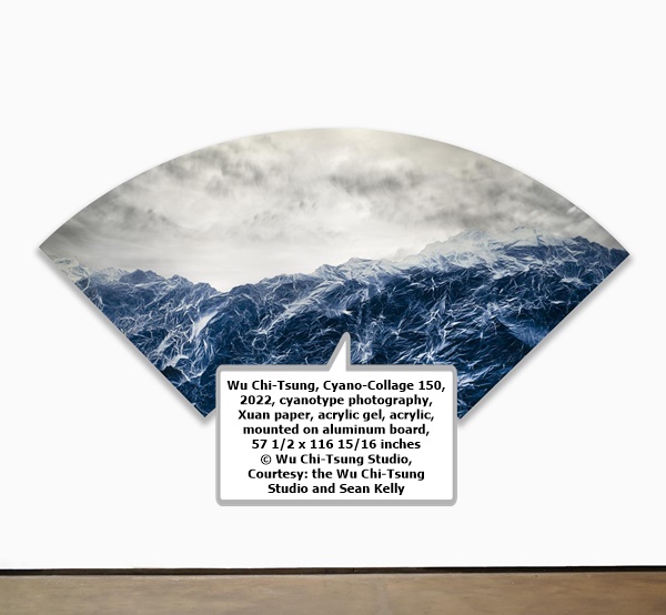click to enlarge- double click to reduce Wu Chi-Tsung, Cyano-Collage 150, 2022, cyanotype photography, Xuan paper, acrylic gel, acrylic, mounted on aluminum board, 57 1/2 x 116 15/16 inches © Wu Chi-Tsung Studio, Courtesy: the Wu Chi-Tsung Studio and Sean Kelly