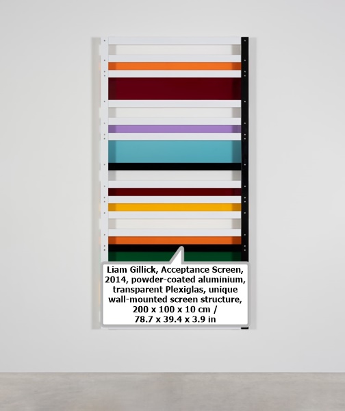 click to enlarge- double click to reduce Liam Gillick, Acceptance Screen, 2014, powder-coated aluminium, transparent Plexiglas, unique wall-mounted screen structure, 200 x 100 x 10 cm / 78.7 x 39.4 x 3.9 in