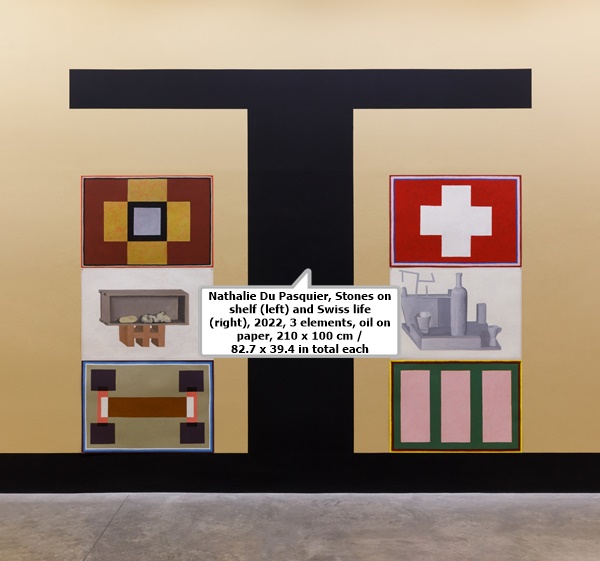 click to enlarge- double click to reduce Nathalie Du Pasquier, Stones on shelf (left) and Swiss life (right), 2022,
3 elements, oil on paper, 210 x 100 cm / 82.7 x 39.4 in total each