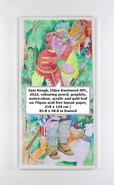 click to enlarge- double click to reduce Sam Keogh, Elden Knotweed NPC, 2022,
colouring pencil, graphite, watercolour, acrylic and gold leaf on 70gsm acid free layout paper,
218 x 124 cm / 85.8 x 48.8 in framed