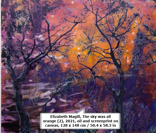 Elizabeth Magill, The sky was all orange (2), 2021, oil and screenprint on canvas, 128 x 148 cm / 50.4 x 58.3 in