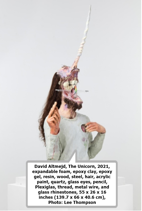 David Altmejd, The Unicorn, 2021, expandable foam, epoxy clay, epoxy gel, resin, wood, steel, hair, acrylic paint, quartz, glass eyes, pencil, Plexiglas, thread, metal wire, and glass rhinestones, 55 x 26 x 16 inches (139.7 x 66 x 40.6 cm), Photo: Lee Thompson