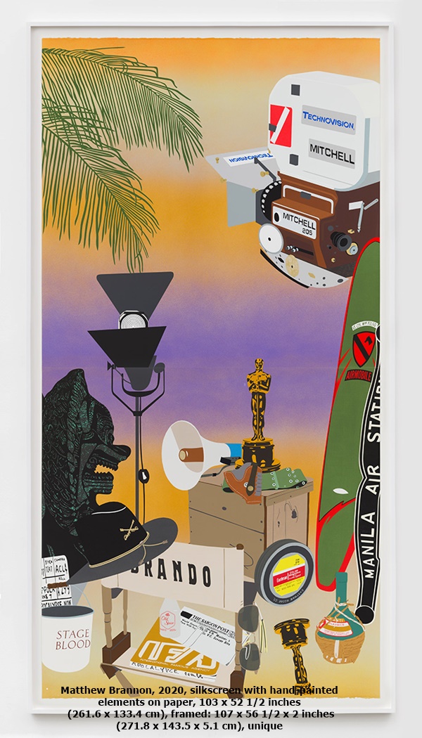 click to enlarge- double click to reduce Matthew Brannon, 2020, silkscreen with hand-painted elements on paper, 103 x 52 1/2 inches (261.6 x 133.4 cm), framed: 107 x 56 1/2 x 2 inches (271.8 x 143.5 x 5.1 cm), unique