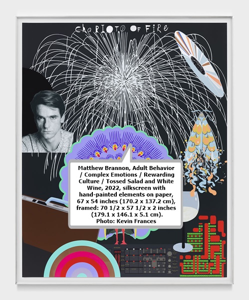 click to enlarge- double click to reduce Matthew Brannon, Adult Behavior / Complex Emotions / Rewarding Culture / Tossed Salad and White Wine, 2022, silkscreen with hand-painted elements on paper, 67 x 54 inches (170.2 x 137.2 cm), framed: 70 1/2 x 57 1/2 x 2 inches (179.1 x 146.1 x 5.1 cm). Photo: Kevin Frances
