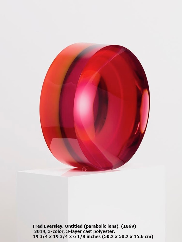 Fred Eversley, Untitled (parabolic lens), (1969) 2019, 3-color, 3-layer cast polyester, 19 3/4 x 19 3/4 x 6 1/8 inches

(50.2 x 50.2 x 15.6 cm)