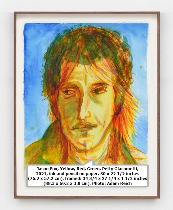 Jason Fox, Yellow, Red, Green, Petty Giacometti, 2021, ink and pencil on paper, 30 x 22 1/2 inches (76.2 x 57.2 cm), framed: 34 3/4 x 27 1/4 x 1 1/2 inches (88.3 x 69.2 x 3.8 cm), Photo: Adam Reich
