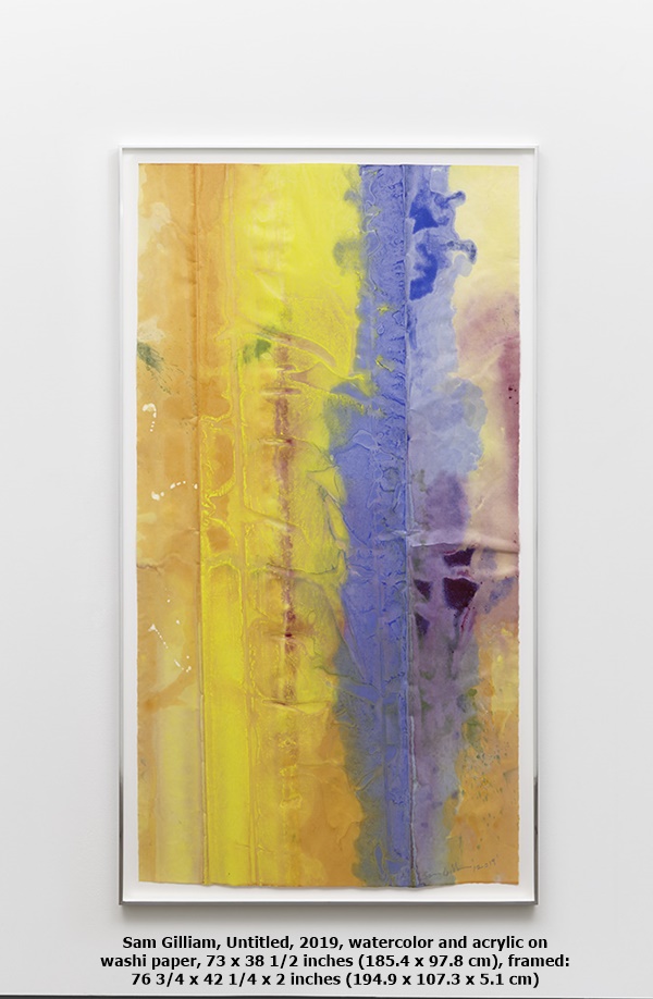 click to enlarge- double click to reduce Sam Gilliam, Untitled, 2019, watercolor and acrylic on
washi paper, 73 x 38 1/2 inches (185.4 x 97.8 cm),
framed: 76 3/4 x 42 1/4 x 2 inches (194.9 x 107.3 x 5.1 cm)