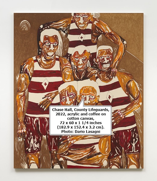 Chase Hall, County Lifeguards, 2022, acrylic and coffee on cotton canvas, 72 x 60 x 1 1/4 inches (182.9 x 152.4 x 3.2 cm). Photo: Dario Lasagni