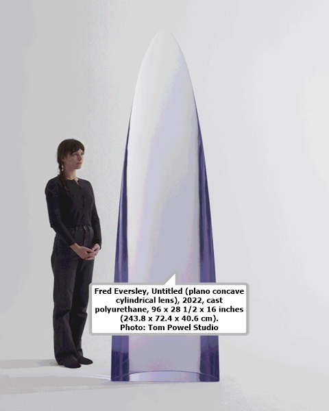 Fred Eversley, Untitled (plano concave cylindrical lens), 2022, cast polyurethane, 96 x 28 1/2 x 16 inches (243.8 x 72.4 x 40.6 cm). Photo: Tom Powel Studio