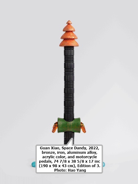 click to enlarge- double click to reduce Guan Xiao, Space Dandy, 2022, bronze, iron, aluminum alloy, acrylic color, and motorcycle pedals, 74 7/8 x 38 5/8 x 17 inches (190 x 98 x 43 cm), Edition of 3. Photo: Hao Yang