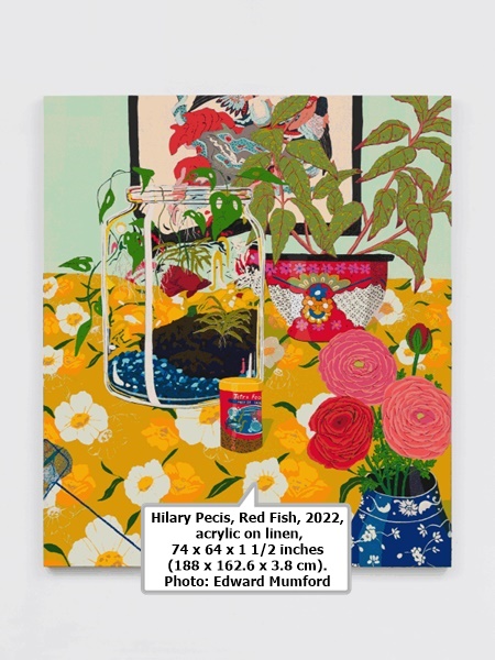 click to enlarge- double click to reduce Hilary Pecis, Red Fish, 2022, acrylic on linen, 74 x 64 x 1 1/2 inches (188 x 162.6 x 3.8 cm). Photo: Edward Mumford