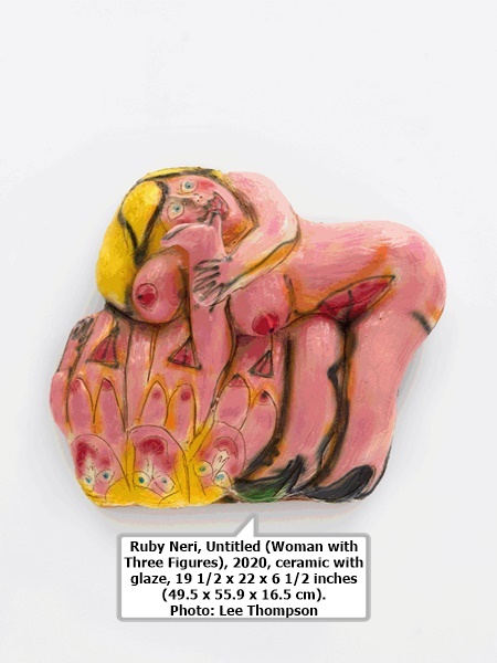 click to enlarge- double click to reduce Ruby Neri, Untitled (Woman with Three Figures), 2020, ceramic with glaze, 19 1/2 x 22 x 6 1/2 inches (49.5 x 55.9 x 16.5 cm). Photo: Lee Thompson