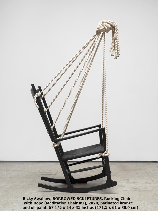 click to enlarge- double click to reduce Ricky Swallow, BORROWED SCULPTURES, Rocking Chair with Rope (Meditation Chair #1), 2020, patinated bronze and oil paint, 67 1/2 x 24 x 35 inches (171.5 x 61 x 88.9 cm)