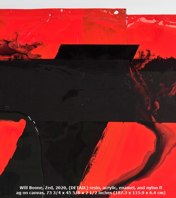 Will Boone, Zed, 2020, (DETAIL) resin, acrylic, enamel, and nylon flag on canvas, 73 3/4 x 45 5/8 x 2 1/2 inches (187.3 x 115.9 x 6.4 cm)
