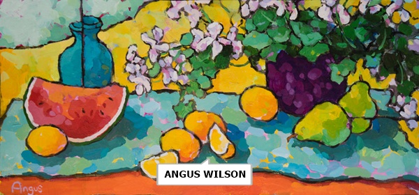 click to enlarge- double click to reduce ANGUS WILSON
Pears, Lemons & Watermelon on Orange Table
Acrylic on Panel
12 x 24 inches