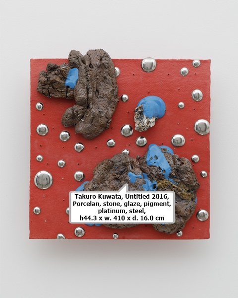click to enlarge- double click to reduce Takuro Kuwata, Untitled 2016, Porcelan, stone, glaze, pigment, platinum, steel, h44.3 x w. 410 x d. 16.0 cm