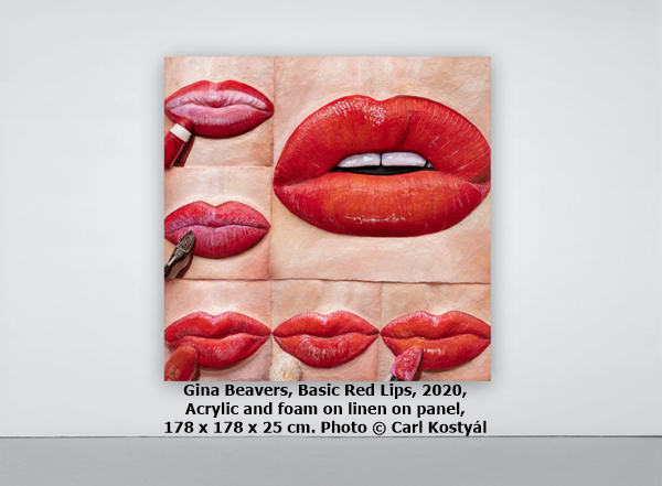 click to enlarge- double click to reduce Gina Beavers, Basic Red Lips, 2020, Acrylic and foam on linen on panel, 178 x 178 x 25 cm. Photo © Carl Kostyál