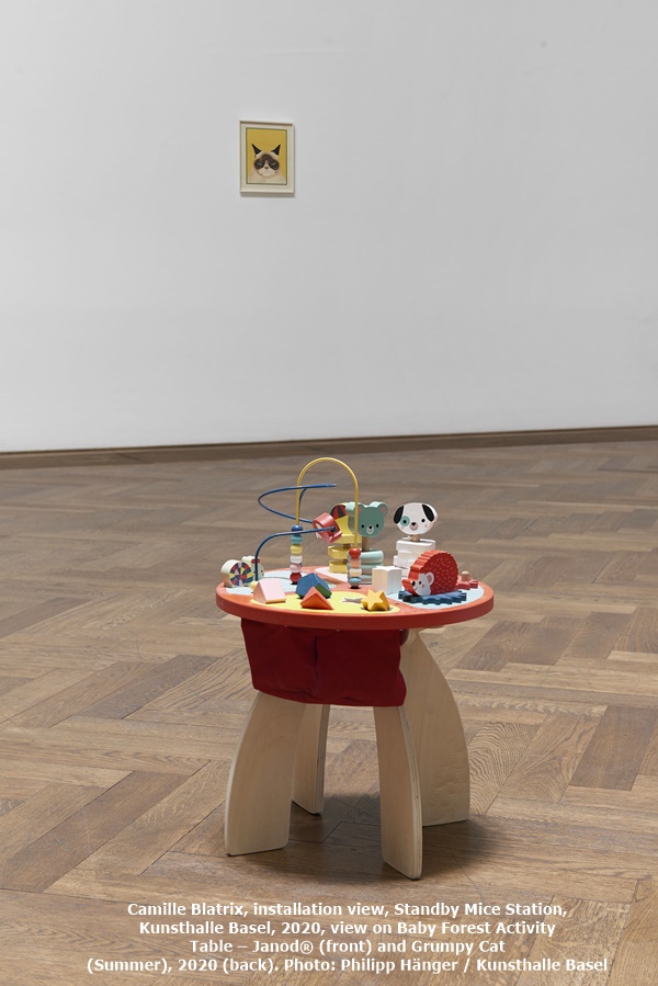 click to enlarge- double click to reduce Camille Blatrix, installation view, Standby Mice Station, Kunsthalle Basel, 2020, view on Baby Forest Activity Table – Janod® (front) and Grumpy Cat (Summer), 2020 (back). Photo: Philipp Hänger / Kunsthalle Basel