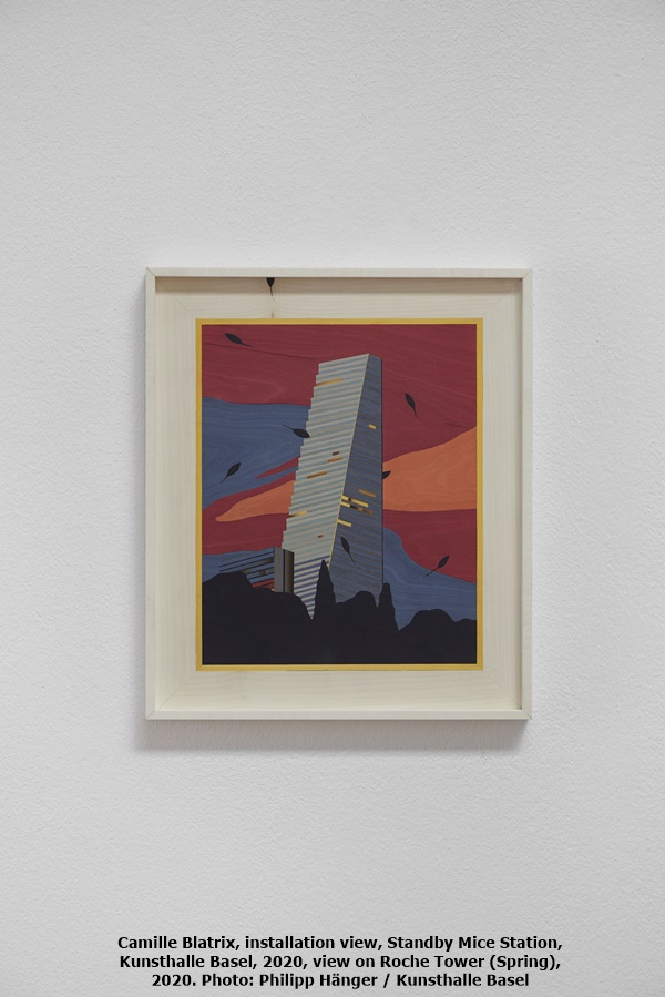 click to enlarge- double click to reduce Camille Blatrix, installation view, Standby Mice Station, Kunsthalle Basel, 2020, view on Roche Tower (Spring), 2020. Photo: Philipp Hänger / Kunsthalle Basel