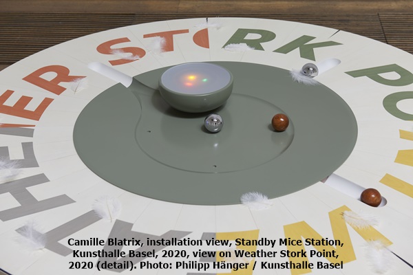 click to enlarge- double click to reduce Camille Blatrix, installation view, Standby Mice Station, Kunsthalle Basel, 2020, view on Weather Stork Point, 2020 (detail). Photo: Philipp Hänger / Kunsthalle Basel