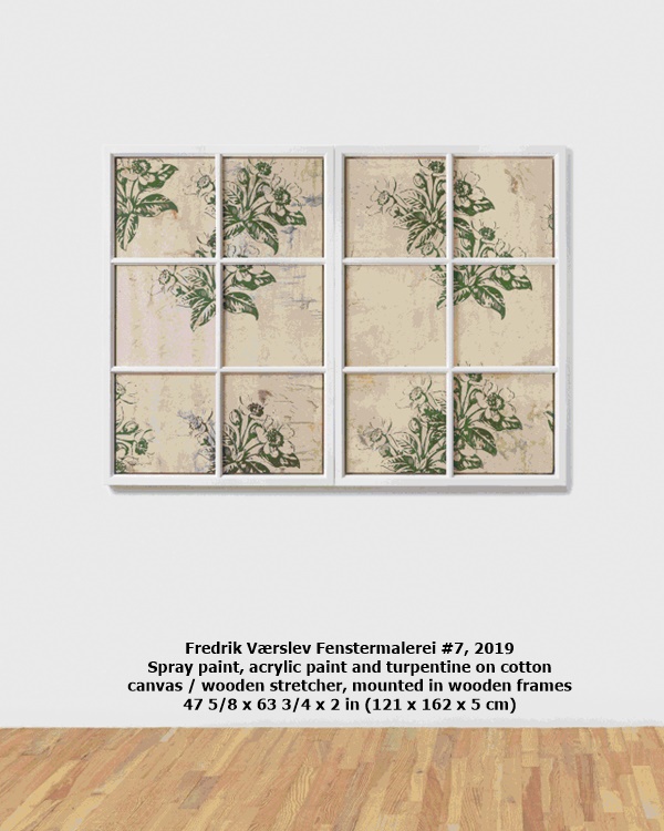 Fredrik Værslev Fenstermalerei #7, 2019
Spray paint, acrylic paint and turpentine on cotton
canvas / wooden stretcher, mounted in wooden frames
47 5/8 x 63 3/4 x 2 in (121 x 162 x 5 cm) 
