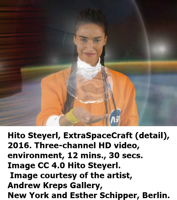 Hito Steyerl, ExtraSpaceCraft (detail), 2016. Three-channel HD video, environment, 12 mins., 30 secs. Image CC 4.0 Hito Steyerl. Image courtesy of the artist, Andrew Kreps Gallery, New York and Esther Schipper, Berlin.