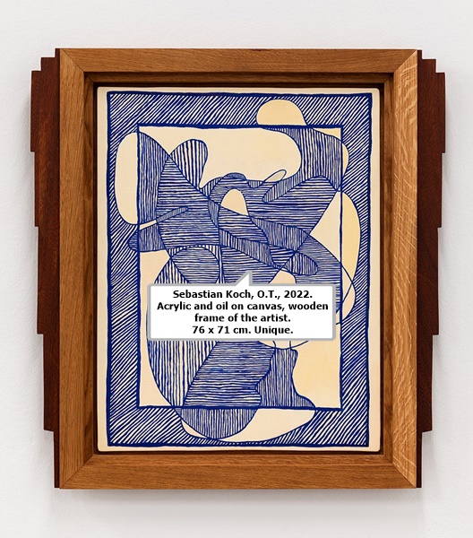 click to enlarge- double click to reduce Sebastian Koch, O.T., 2022. Acrylic and oil on canvas, wooden frame of the artist.
76 x 71 cm. Unique.
