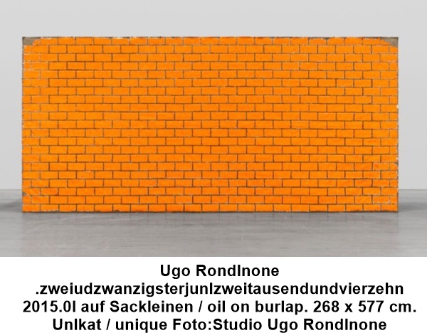 Ugo Rondlnone 
.zweiudzwanzigsterjunlzweitausendundvierzehn
2015.0l auf Sackleinen / oil on burlap. 268 x 577 cm.
Unlkat / unique Foto:Studio Ugo Rondlnone
