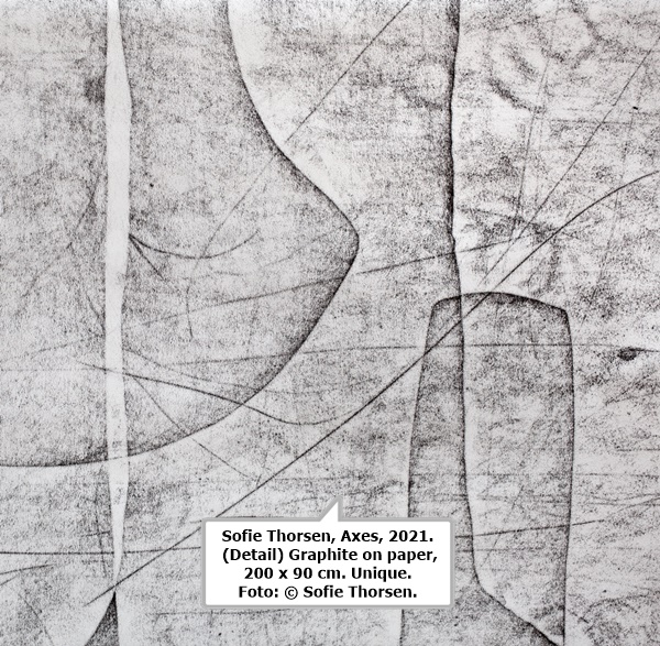 click to enlarge- double click to reduce Sofie Thorsen, Axes, 2021.
(Detail) Graphite on paper, 200 x 90 cm. Unique. Foto: © Sofie Thorsen.