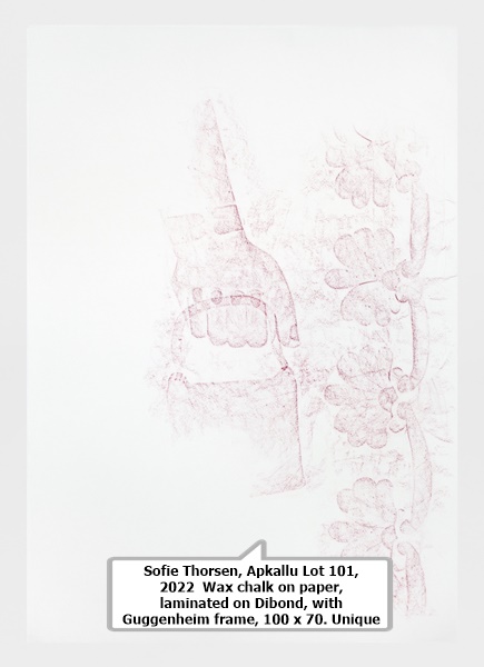 click to enlarge- double click to reduce Sofie Thorsen, Apkallu Lot 101, 2022 Wax chalk on paper, laminated on Dibond, with Guggenheim frame, 100 x 70. Unique.