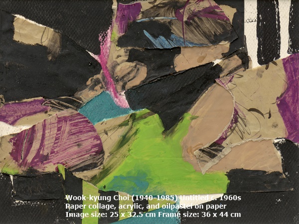 Wook-kyung Choi (1940-1985)
Untitled
c. 1960s
Paper collage, acrylic, and oilpastel on paper
Image size: 25 x 32.5 cm
Frame size: 36 x 44 cm