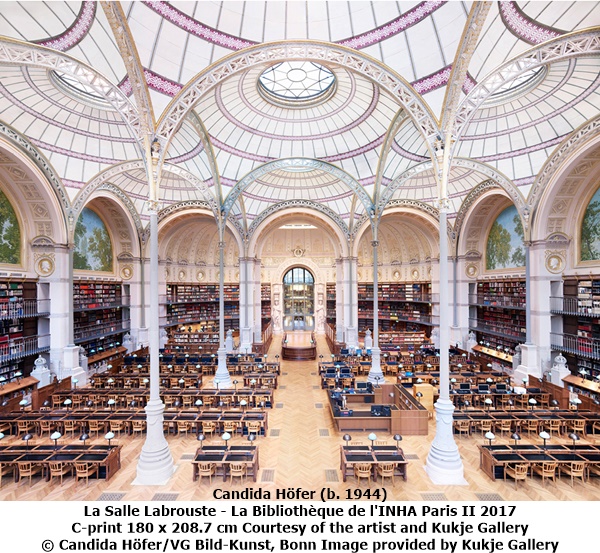 click to enlarge- double click to reduce Candida Höfer (b. 1944)
La Salle Labrouste - La Bibliothèque de l'INHA Paris II 2017
C-print
180 x 208.7 cm
Courtesy of the artist and Kukje Gallery
© Candida Höfer/VG Bild-Kunst, Bonn
Image provided by Kukje Gallery
