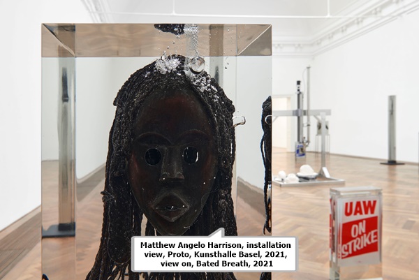 click to enlarge- double click to reduce Matthew Angelo Harrison, installation view, Proto, Kunsthalle Basel, 2021, view on, Bated Breath, 2021.
Photo: Philipp Hänger / Kunsthalle Base