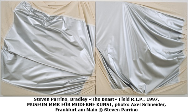 click to enlarge- double click to reduce Steven Parrino, Bradley «The Beast» Field R.I.P., 1997, MUSEUM MMK FÜR MODERNE KUNST, photo: Axel Schneider, Frankfurt am Main © Steven Parrino