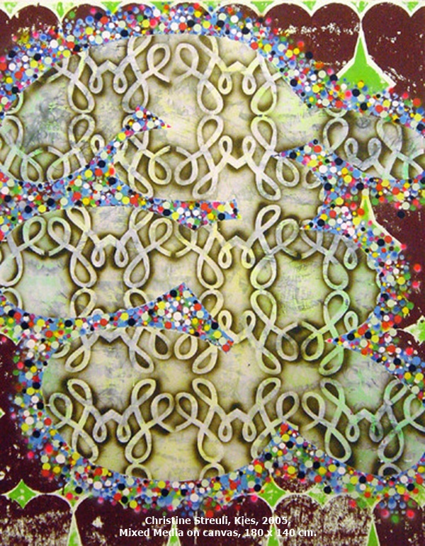 click to enlarge- double click to reduce Christine Streuli, Kies, 2005, Mixed Media on canvas, 180 x 140 cm.