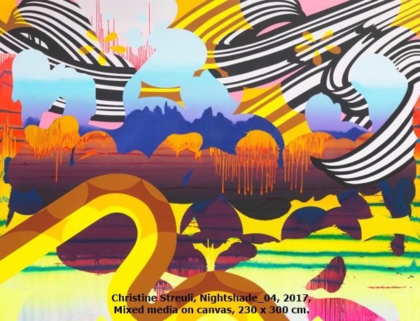click to enlarge- double click to reduce Christine Streuli, Nightshade_04, 2017, Mixed media on canvas, 230 x 300 cm.